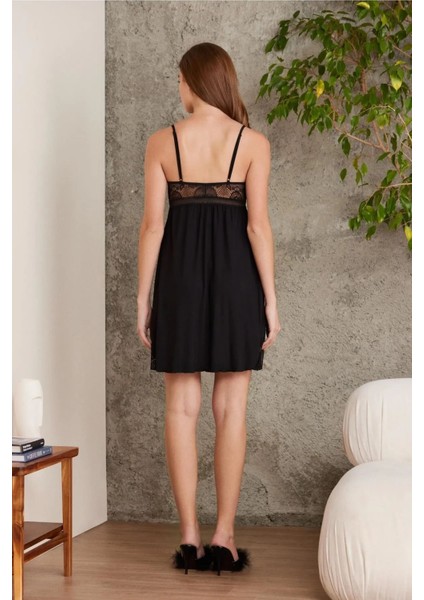 4010 Kadın Dantelli Penye Gecelik Sabahlık Takım-Siyah fırsatları