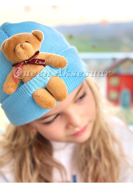 Trend Moda Özel Tasarım Sevimli Büyük Peluş Ayıcıklı Erkek Kız Unisex Çocuk Şapkası Mavi Şapka