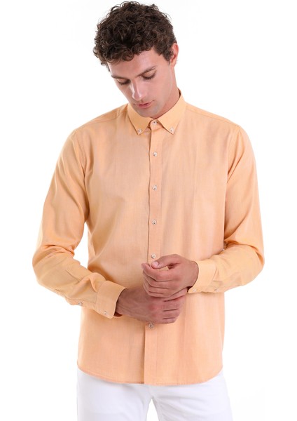 Turuncu Comfort Fit Düz 100% Pamuk Slim Yaka Uzun Kollu Casual Oxford Gömlek modelleri