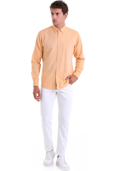 Turuncu Comfort Fit Düz 100% Pamuk Slim Yaka Uzun Kollu Casual Oxford Gömlek fırsatları