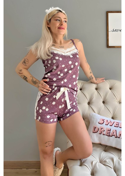 Mor Benek Papatya Dantel Detaylı Ip Askı Şortlu Örme Pijama Takımı