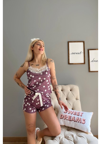 Mor Benek Papatya Dantel Detaylı Ip Askı Şortlu Örme Pijama Takımı