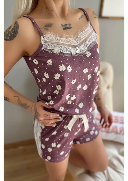 Mor Benek Papatya Dantel Detaylı Ip Askı Şortlu Örme Pijama Takımı