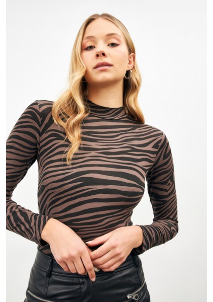 Kadın Kahve Zebra Desenli Uzun Kol Body fiyatları