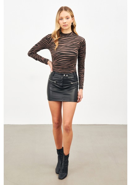 Kadın Kahve Zebra Desenli Uzun Kol Body modelleri
