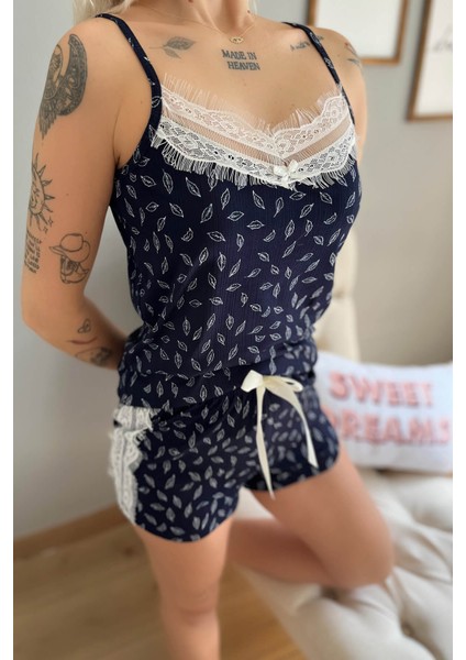 Lacivert Yaprak Dantel Detaylı Ip Askı Şortlu Örme Pijama Takımı