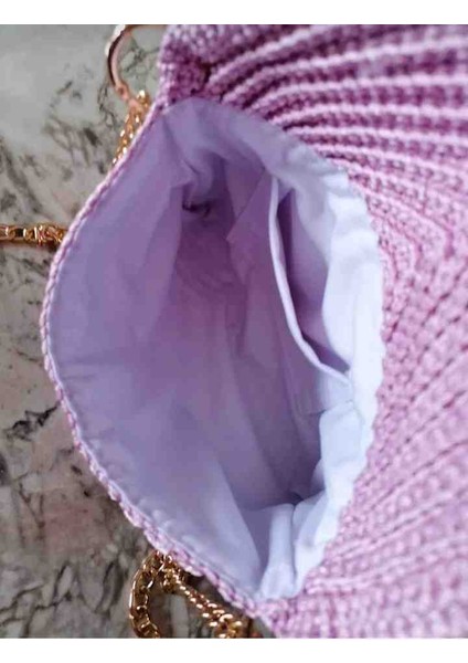 El Örgüsü Lila Makrome Ip Zincir Askılı Astarlı El Çantası