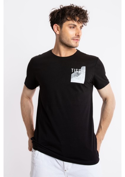 Erkek/ Baskılı O-Yaka T-Shirt Tissue - Siyah