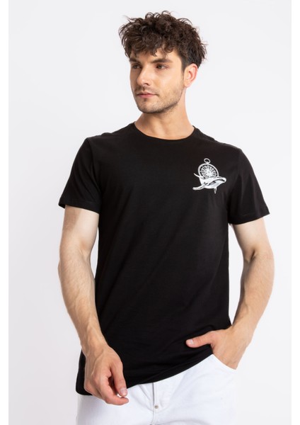 Erkek Baskılı O-Yaka T-Shirt Marino - Siyah