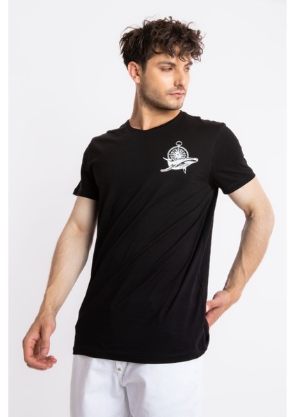 Erkek Baskılı O-Yaka T-Shirt Marino - Siyah fiyatları