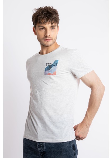 Erkek/ Baskılı O-Yaka T-Shirt Tissue - Gri Melanj fiyatları