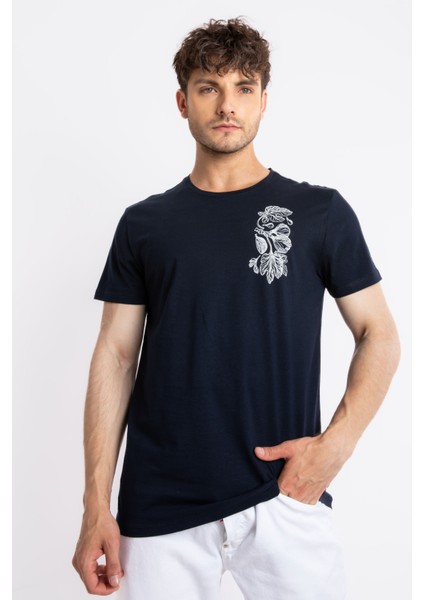 Erkek/ Baskılı O-Yaka T-Shirt Bandos - Lacivert