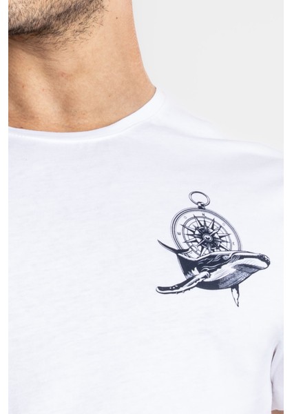 Erkek/ Baskılı O-Yaka T-Shirt Marino - Beyaz fırsatları