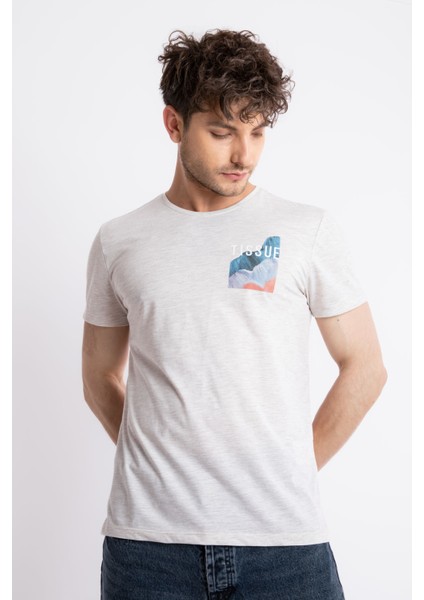 Erkek/ Baskılı O-Yaka T-Shirt Tissue - Kahve Melanj