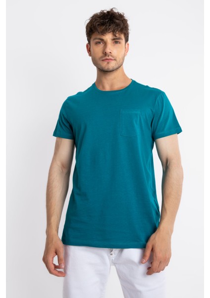 Erkek/ O-Yaka Cepli T-Shirt Bolsillo - Göl Yeşili
