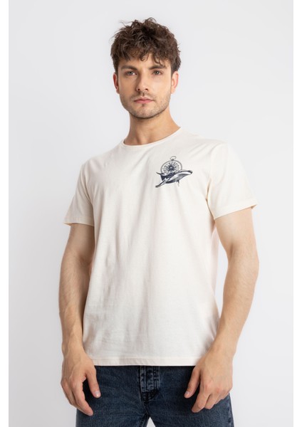 Erkek/ Baskılı O-Yaka T-Shirt Marino - Ham Pamuk