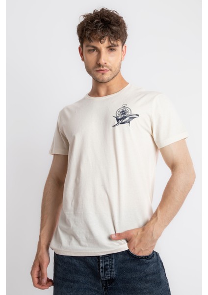 Erkek/ Baskılı O-Yaka T-Shirt Marino - Ham Pamuk fiyatları