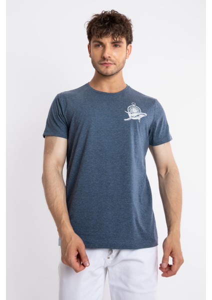 Erkek/ Baskılı O-Yaka T-Shirt Marino - Lacivert Melanj