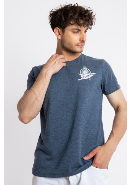 Erkek/ Baskılı O-Yaka T-Shirt Marino - Lacivert Melanj fiyatları