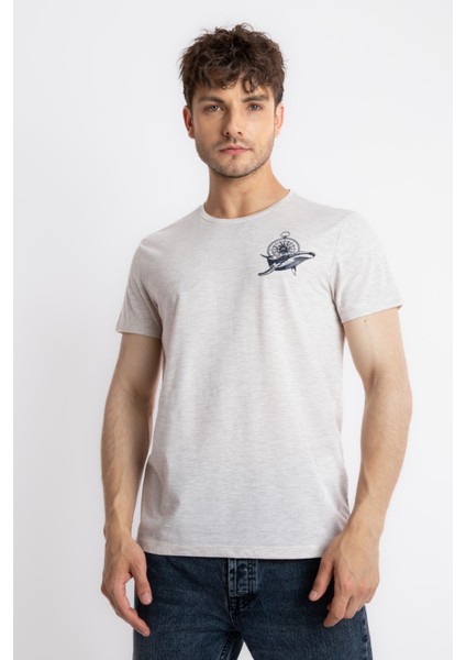 Erkek/ Baskılı O-Yaka T-Shirt Marino - Kahve Melanj