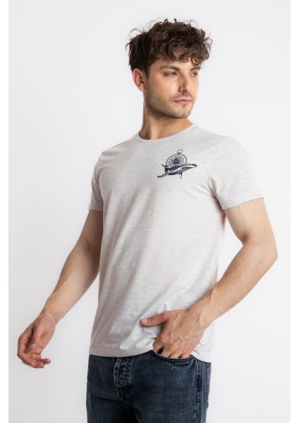 Erkek/ Baskılı O-Yaka T-Shirt Marino - Kahve Melanj fiyatları