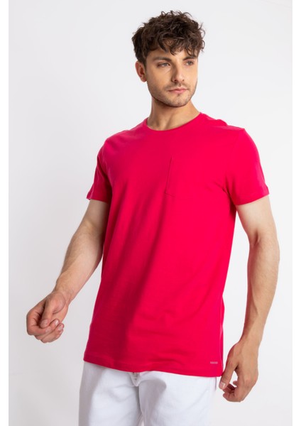Erkek/ O-Yaka Cepli T-Shirt Bolsillo - Macenta