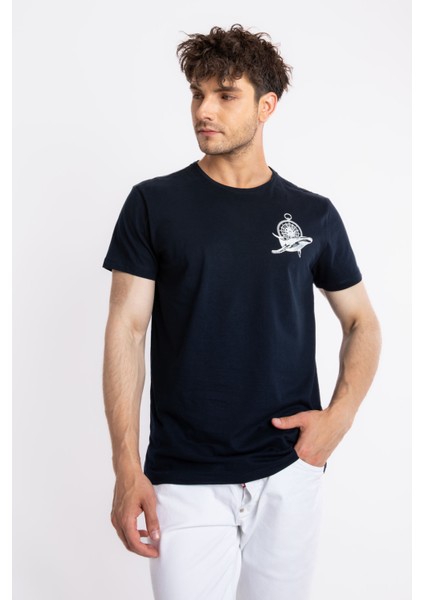 Erkek/ Baskılı O-Yaka T-Shirt Marino - Lacivert