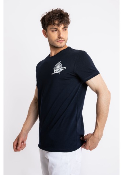 Erkek/ Baskılı O-Yaka T-Shirt Marino - Lacivert fiyatları