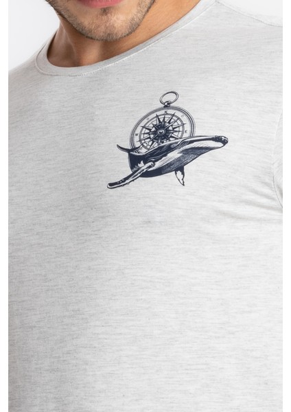 Erkek/ Baskılı O-Yaka T-Shirt Marino - Gri Melanj fırsatları