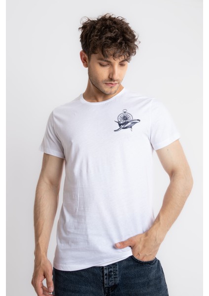 Erkek/ Baskılı O-Yaka T-Shirt Marino - Beyaz