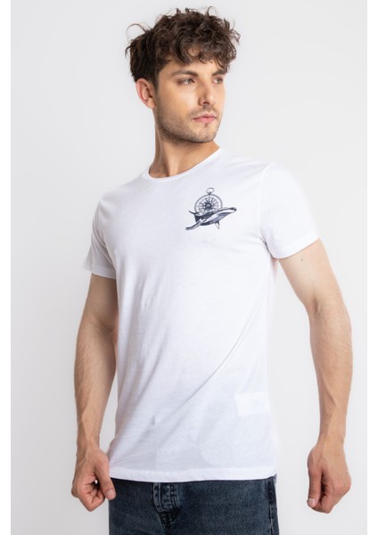 Erkek/ Baskılı O-Yaka T-Shirt Marino - Beyaz fiyatları