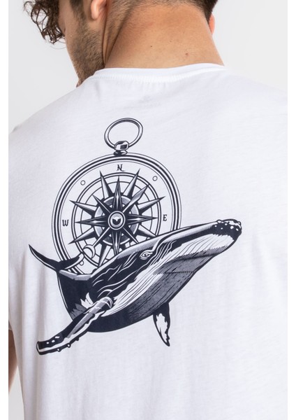 Erkek/ Baskılı O-Yaka T-Shirt Marino - Beyaz indirimleri