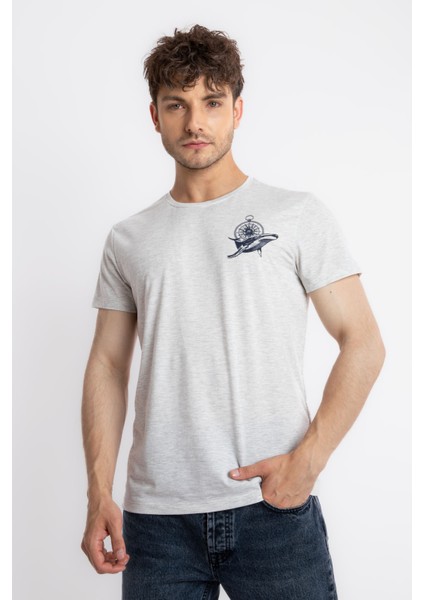Erkek/ Baskılı O-Yaka T-Shirt Marino - Gri Melanj