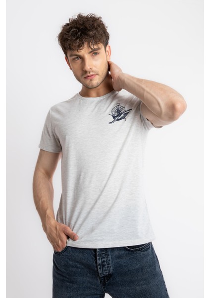 Erkek/ Baskılı O-Yaka T-Shirt Marino - Gri Melanj fiyatları