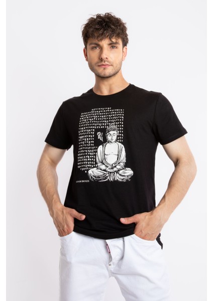 Erkek/ Baskılı O-Yaka T-Shirt Budestatuas - Siyah