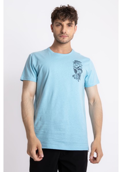 Erkek/ Baskılı O-Yaka T-Shirt Bandos - Açık Mavi