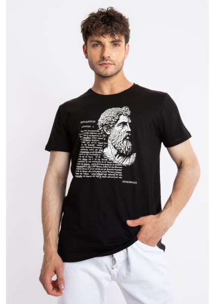 Erkek/ Baskılı O-Yaka T-Shirt Herestatuas - Siyah