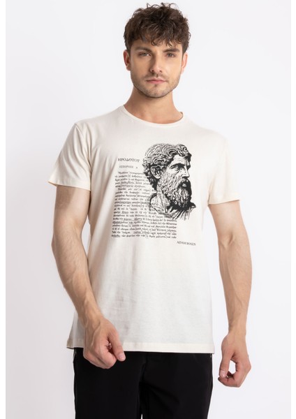 Erkek/ Baskılı O-Yaka T-Shirt Herestatuas - Ham Pamuk