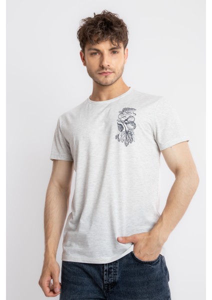Erkek/ Baskılı O-Yaka T-Shirt Bandos - Gri Melanj