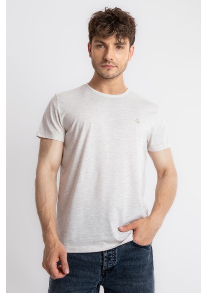 Erkek/ Baskılı O-Yaka T-Shirt Premiver - Kahve Melanj