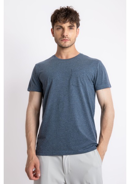 Erkek/ O-Yaka Cepli T-Shirt Bolsillo - Lacivert Melanj