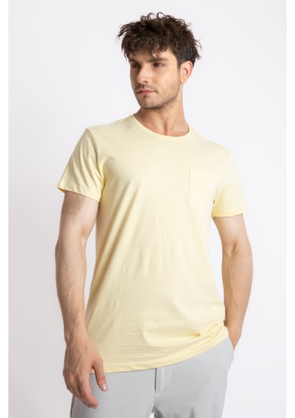 Erkek/ O-Yaka Cepli T-Shirt Bolsillo - Açık Sarı fiyatları