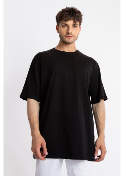 Erkek/ Oversize O-Yaka T-Shirt Basuelto - Siyah
