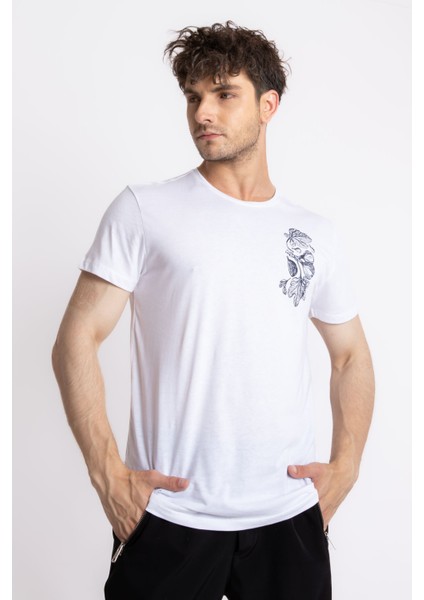 Erkek/ Baskılı O-Yaka T-Shirt Bandos - Beyaz fiyatları