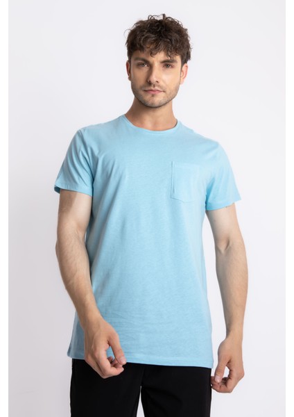 Erkek/ O-Yaka Cepli T-Shirt Bolsillo - Açık Mavi