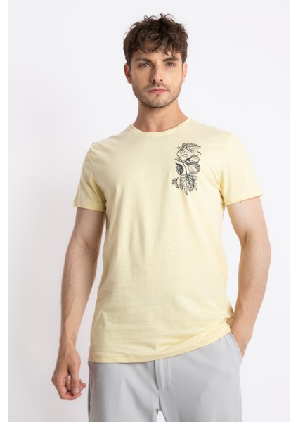 Erkek/ Baskılı O-Yaka T-Shirt Bandos - Açık Sarı