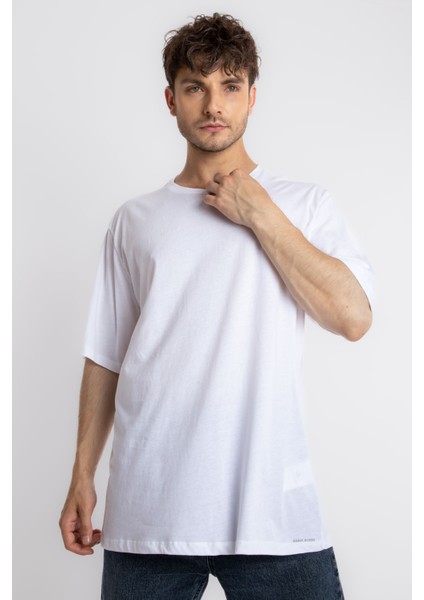Erkek/ Oversize O-Yaka T-Shirt Basuelto - Beyaz