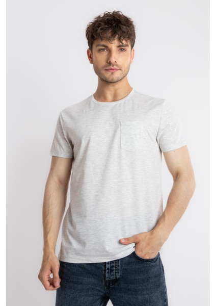 Erkek/ O-Yaka Cepli T-Shirt Bolsillo - Gri Melanj