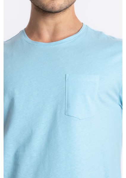 Erkek/ O-Yaka Cepli T-Shirt Bolsillo - Açık Mavi fırsatları