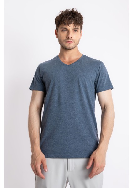 Erkek/ V-Yaka T-Shirt Disimplo - Lacivert Melanj